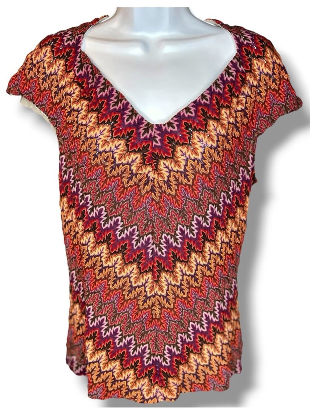 Etcetera Chevron Colorful Knit Top v neck cap sleeve stretch orange yellow